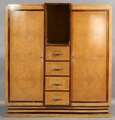 ART DECO FIGURED WOOD WARDROBE ARMOIRE CABINET