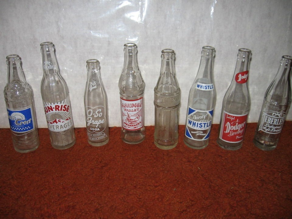 LOT of 8 SODA POP BOTTLES VINTAGE Whistle Dodger Eberles O So Sun 