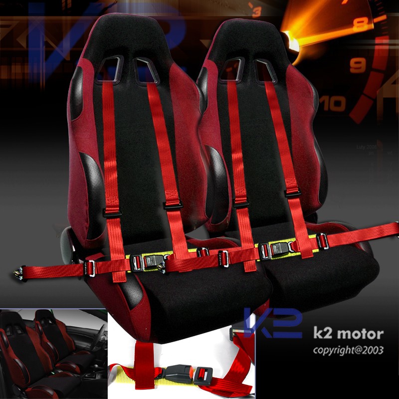 JDM RED/BLACK RACING SEATS+4 POINT RACING SEAT HARNESS BELT BELTS 