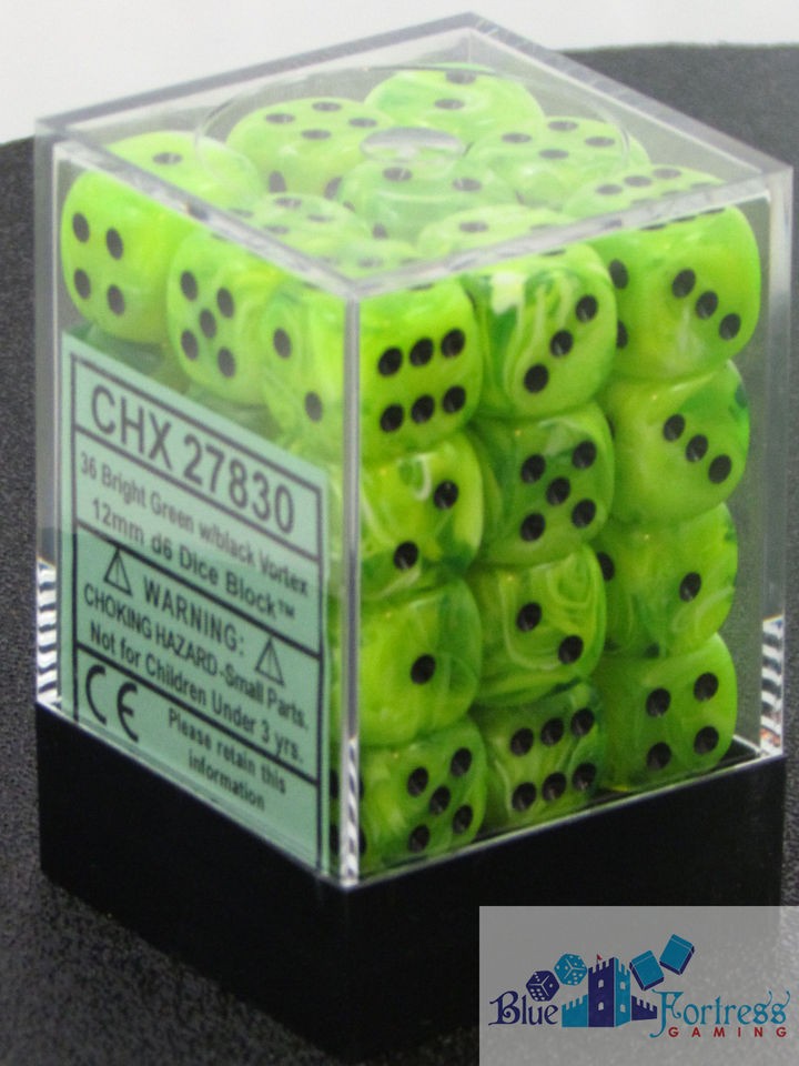   vortex 12mm SET OF 36 D6 BRIGHT GREEN WITH BLACK DICE FOR MTG POKEMON