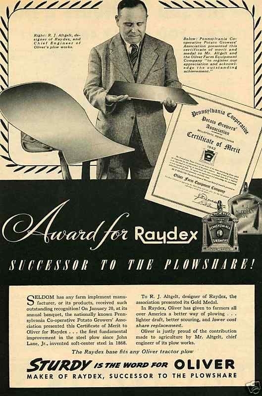 1942 Oliver Raydex Plow Blade Tractor Ad R.J. Altgelt