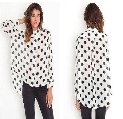 Women Sexy Black Polka Dot Turn Down Collar Chiffon Shirt Long Sleeve 