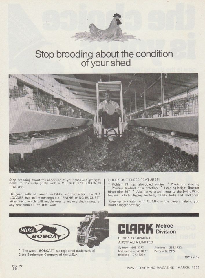 Vintage 1977 CLARK MELROE 371 BOBCAT LOADER Advertisement CHICKEN SHED