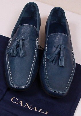 CANALI SHOES $525 BLUE TASSEL VAMP PEBBLE GRAIN CONTRAST DRIVERS 10.5 