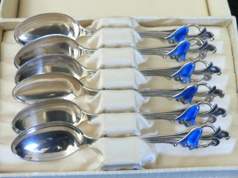 NORWEGIAN/NORWAY MARTHINSEN BLUEBELL STERLING ENAMEL SPOONS