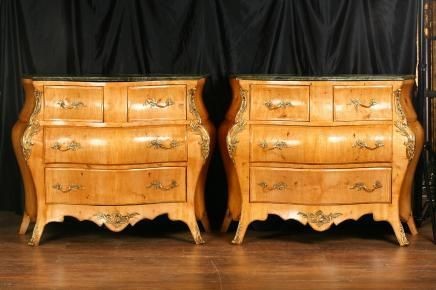 Pair Blonde Bombe Commodes Chests French Louis XV Furniture