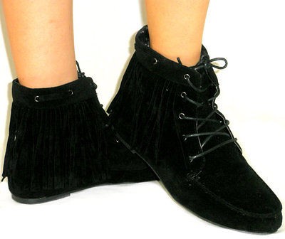   Indian Moccasin Fringe Tassel *Flat Boots Suede Ankle Bootie BLACK 7.5