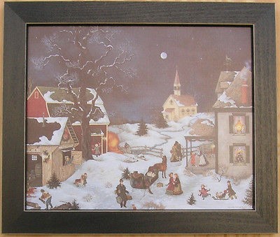 Folk Art Snow Scene Christmas Church 10x12 Framed Country Picture 