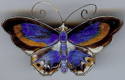   NORWAY VINTAGE STERLING PURPLE ORANGE BLACK ENAMEL BUTTERFLY PIN