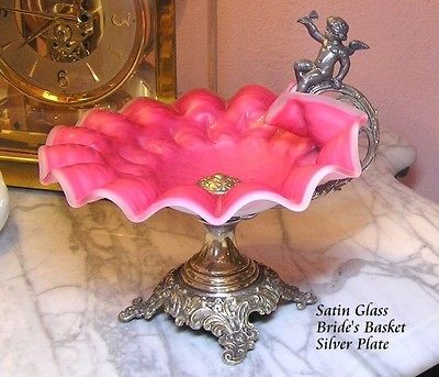 Antique German Brides Basket Pink & White Satin Glass