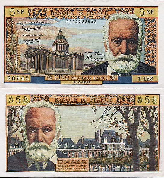 FRANCE CINQ NOUVEAUX FRANCS 5 NF VICTOR HUGO PANTHEON P.141 EXTREMELY 