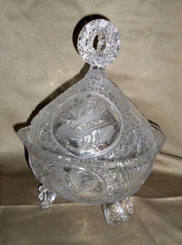 Vintage Hofbauer Byrds Candy Dish with Lid 7 Pressed Cut Glass Birds 