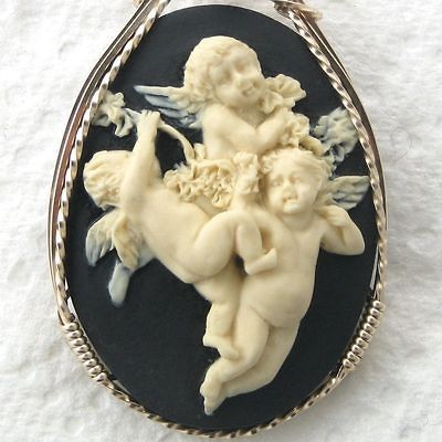   Baby Cherubs Cameo Pendant 14K Rolled Gold Onyx Artisan Wire Jewelry