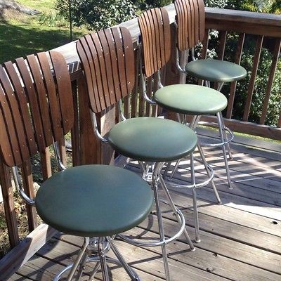 Lot of 4 Vintage Mid Century Modern Retro Swivel Green Bar Stools