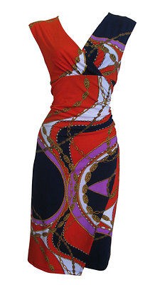 Navy Orange Glamour Print Draping Shift Dress Cherie Size 8 New