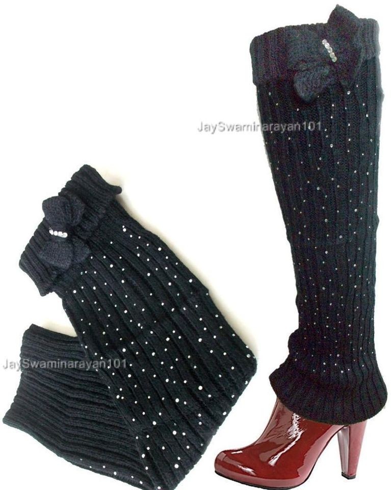 Womens Girls Winter Knit LegWarmers w/ Bow Stones Soft Stretchy Black 