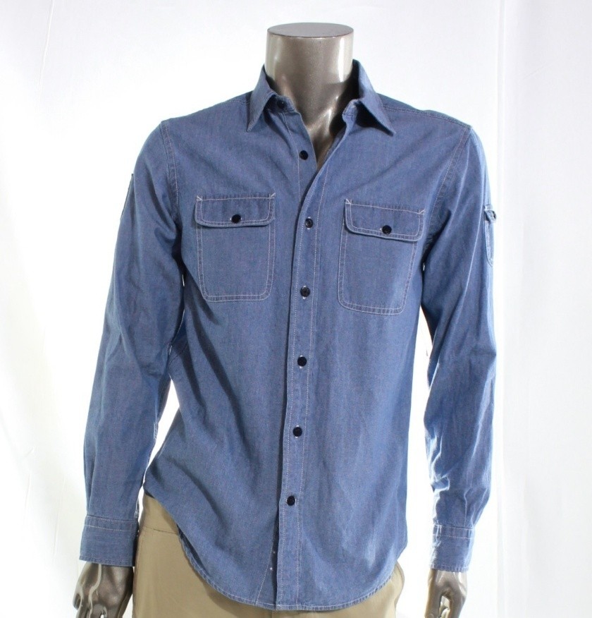   NEW Blue Mens Button Up Sailing Club Chambray Shirt Top Size Small