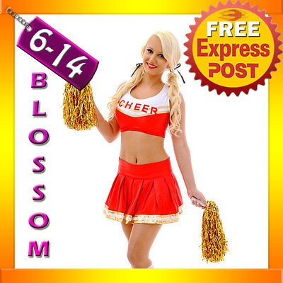   Red Cheerleader School Girl Fancy Dress Up Costume Outfit + Pom Poms