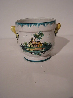 Hand Painted Bowl/ Crock~church design, tulip handles~Italian Pottery 