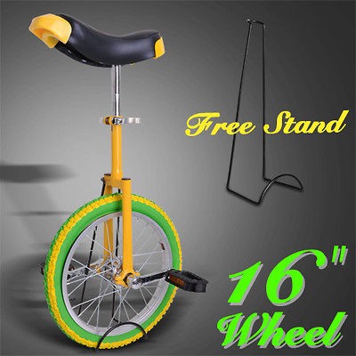 16 Wheel Unicycle W/ Stand Skid Proof Tire Chrome Frame Yellow Green 