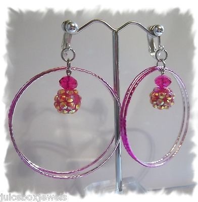 CLIP ON 1.75 PINK Double Hoop Rhinestone Ball Earrings(C805)JUICEBOX 