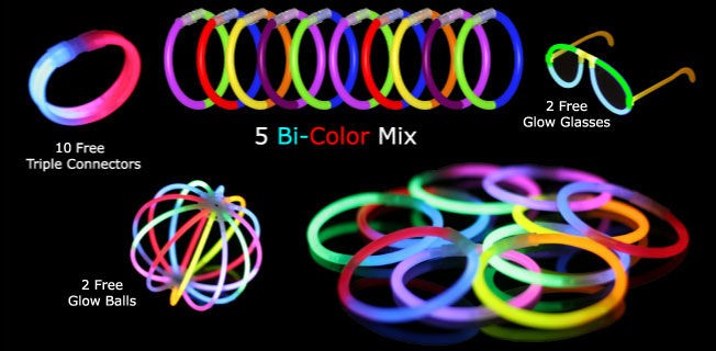   Glow Stick Bracelets (bi colored, +glow glasses and glow balls
