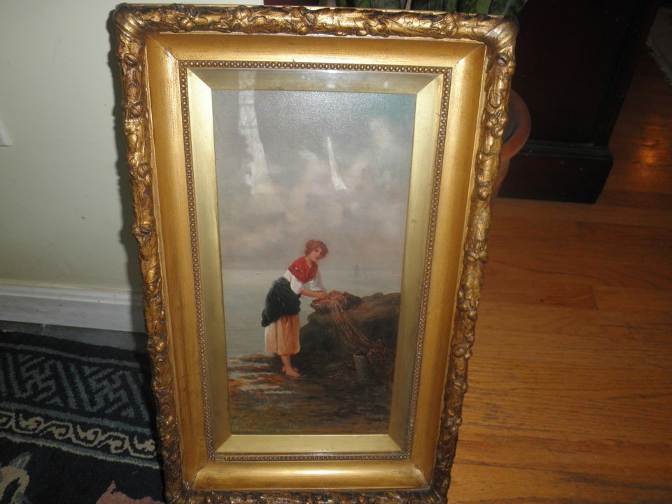   Oil Painting Portrait Pretty Girl with nets by sea Sgd JM Colvin