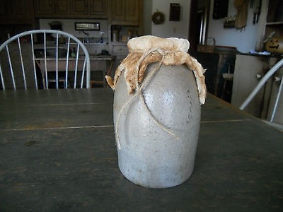 ANTIQUE PRIMITIVE SALT GLAZED STONEWARE CANNING CROCK 8 1/4 TALL