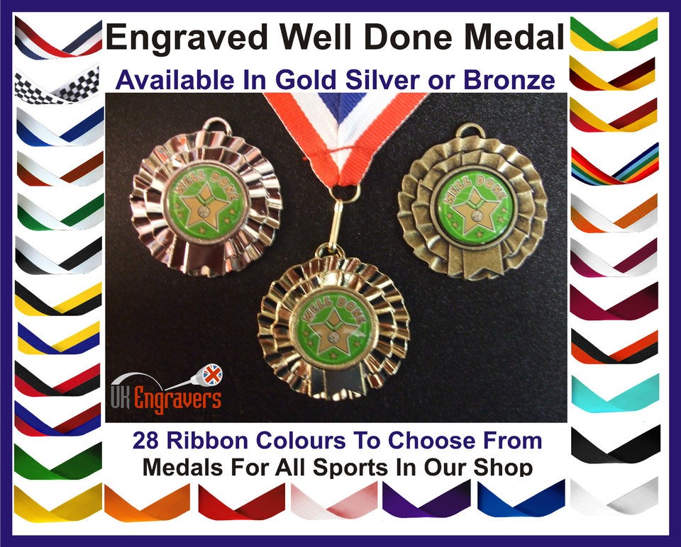 ENGRAVED SCHOOL WELL DONE ROSETTE MEDAL WITH RIBBON TROPHY AWARD 