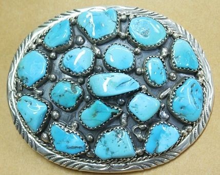   Silver Belt Buckle Mens Oval Turquoise Concho Biker Handmade Heavy