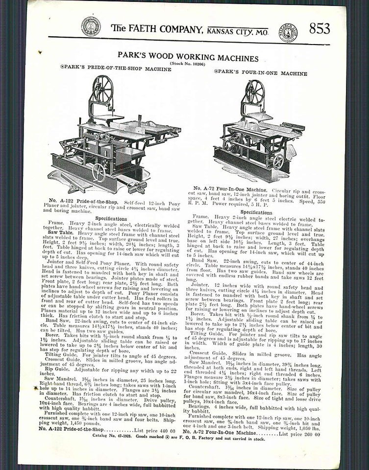 1928 ad Parks Woodworking Machines Band Table Mill Saws Planer 