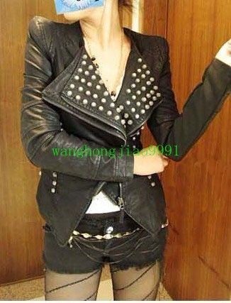 New Womens Punk Spike Studded Shoulder PU Leather Jacket coat Size S 