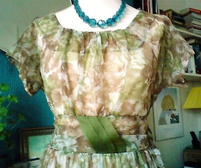 STUNNING True Vintage1950s Green, Cream & Brown Sheer Prom, Cocktail 