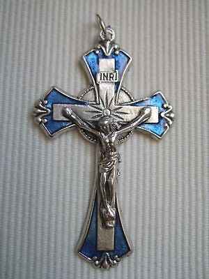 Catholic Medal CRUCIFIX Blue enamel 1 3/4 Rosary size