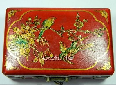 Chinese Ancient Flowers Birds Jewelry Box Wood Case Artificial Leather 