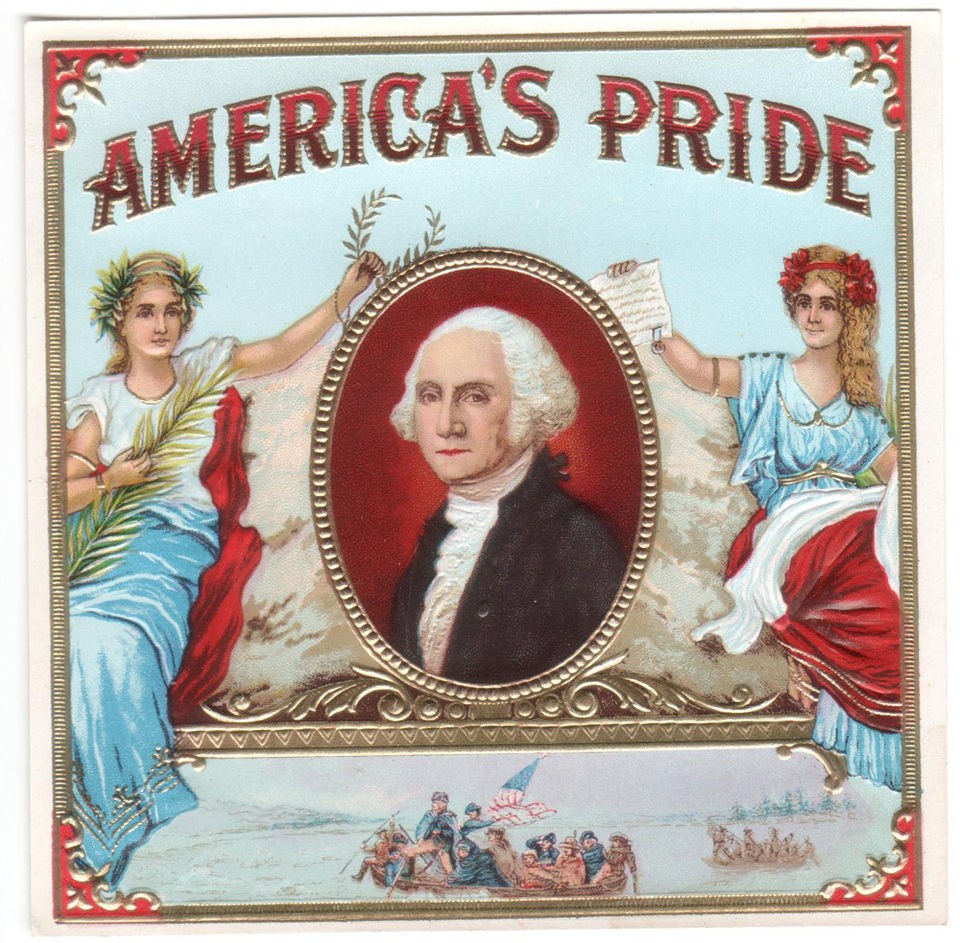   PRIDE   OUTER CIGAR LABEL LITHOGRAPH  GEORGE WASHINGTON DELAWARE RIVER