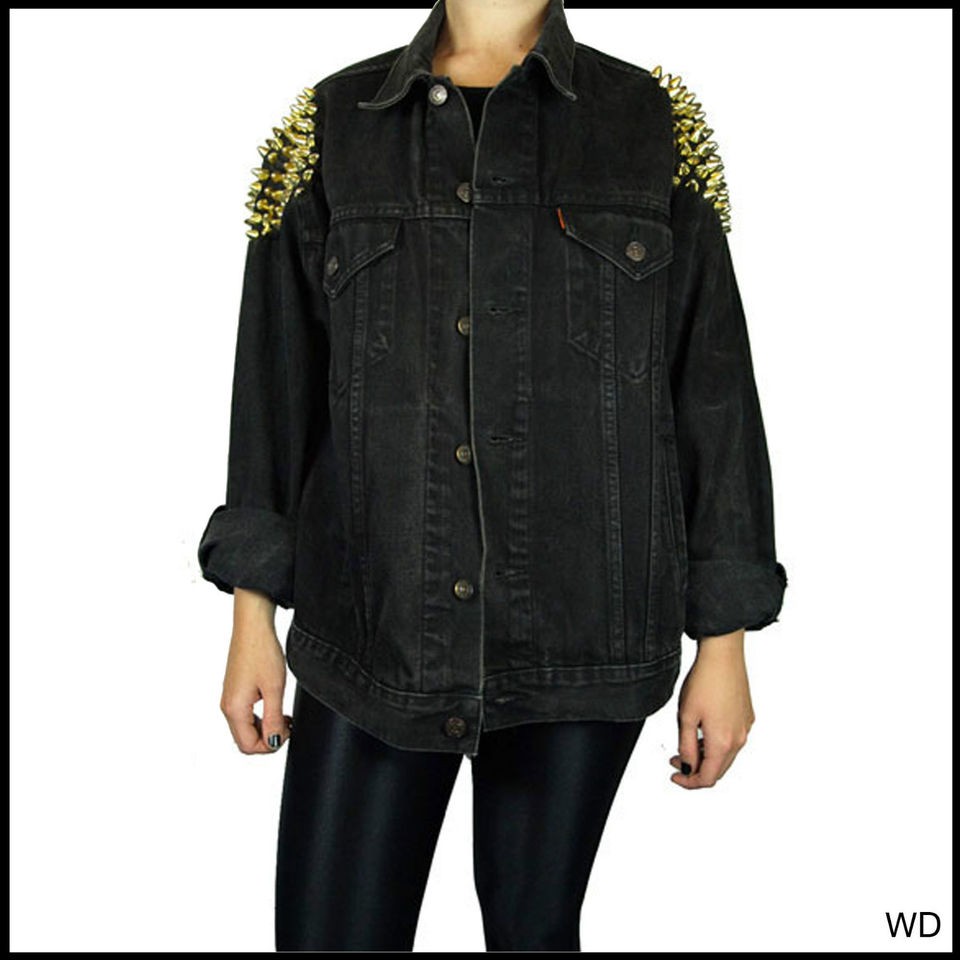 VINTAGE LEVI LEVIS DENIM JACKET BLACK GOLD RENEWAL 10 12 14 STUDDED