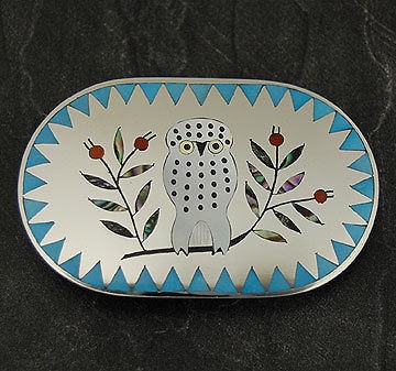 Dennis & Nancy Edaakie Sterling Silver Turquoise Snowy Owl Belt Buckle 