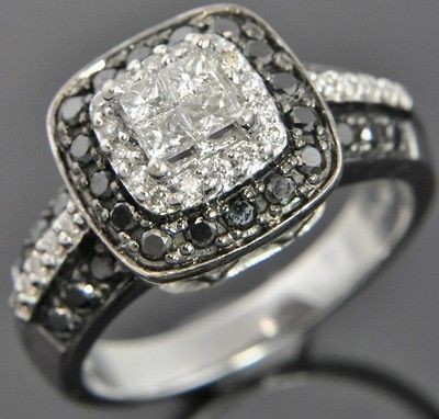   14K White Gold .75 CT Black & White Diamond Square Halo Cocktail Ring