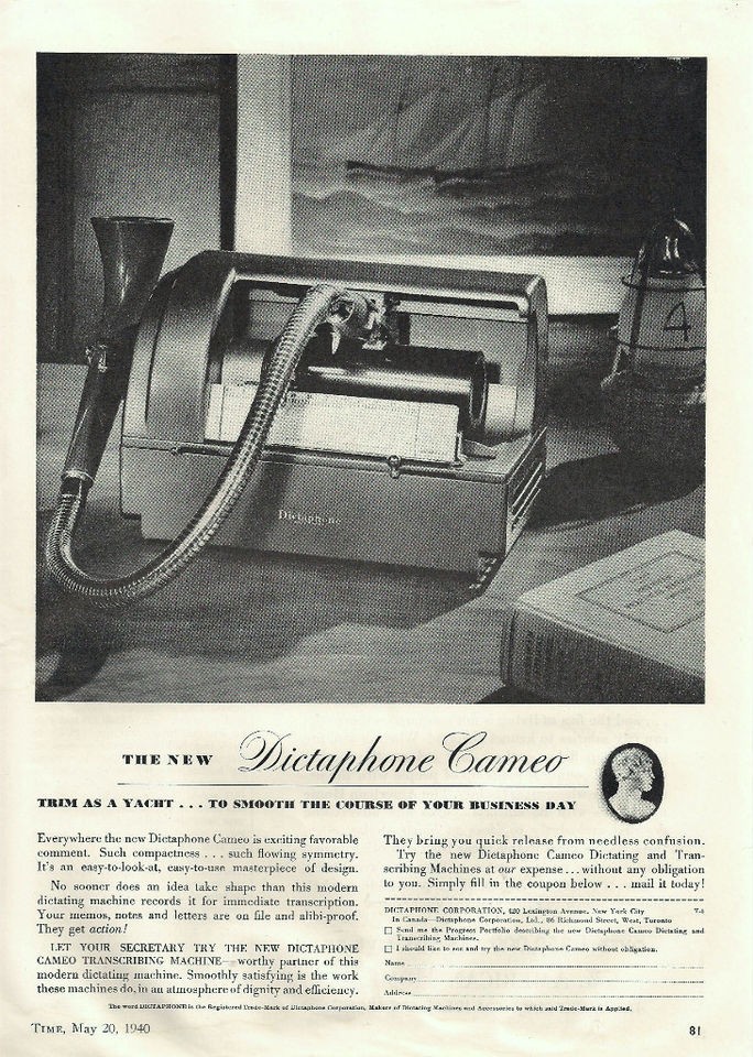 1940 VINTAGE DICTAPHONE OFFICE MACHINE PRINT AD