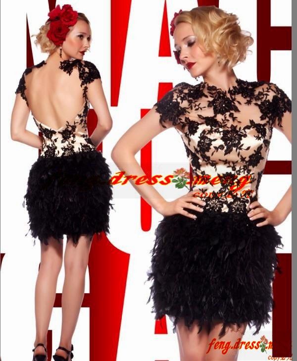 Hot Black Prom Dress Orangza Party Feather Beaded Wedding Dress MiNi 