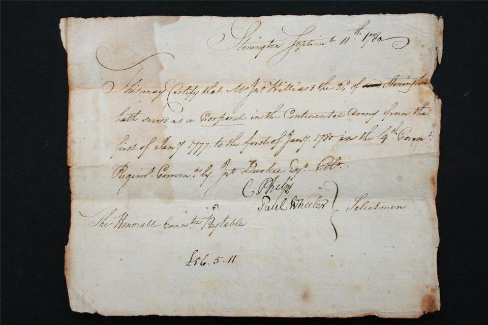 1780 Rev War service for Corporal Hilliard in Col. John Durkee Regt