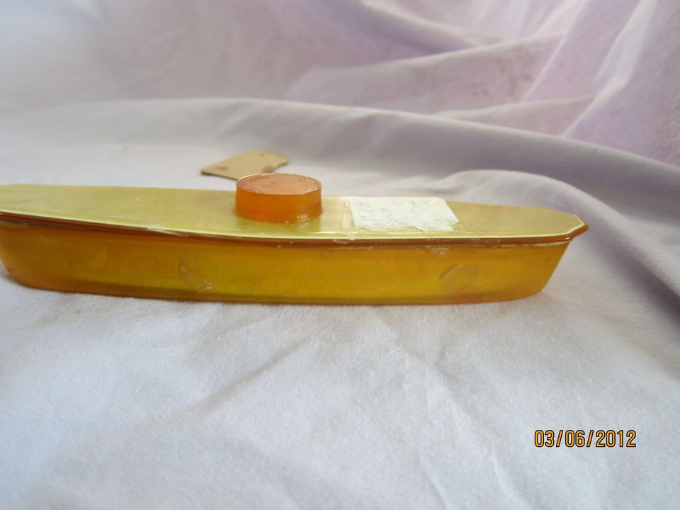 ANTIQUE NAIL BUFFER ORANGE PLASTIC celluloid CASE w/ YELLOW TOP 