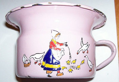 Baby Child Chamber pot potty Vtg pink enamel GIRL feeding duck rare 