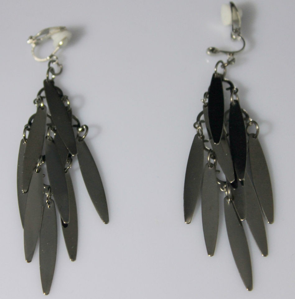 Cushioned CLIP ON Earrings Spikey Chandelier Hoop Metallic Grey Silver 