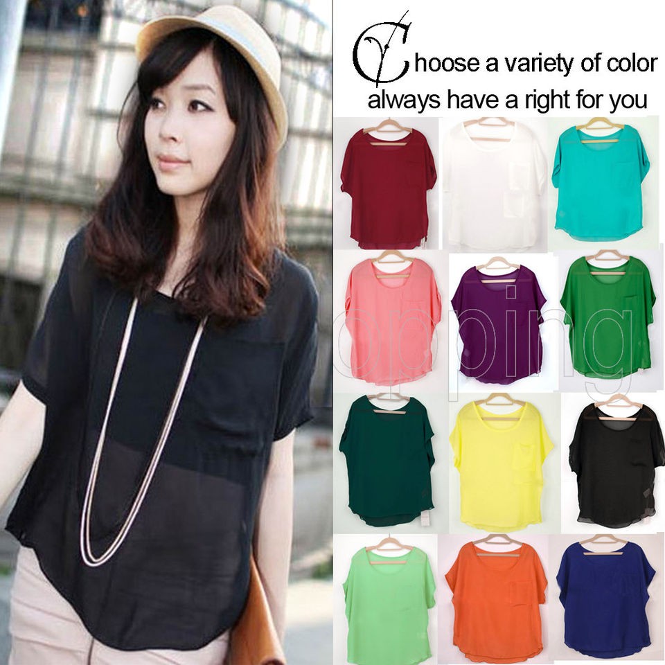 Fashion Women Casual Chiffon Loose Top Sheer Batwing Short Sleeve T 