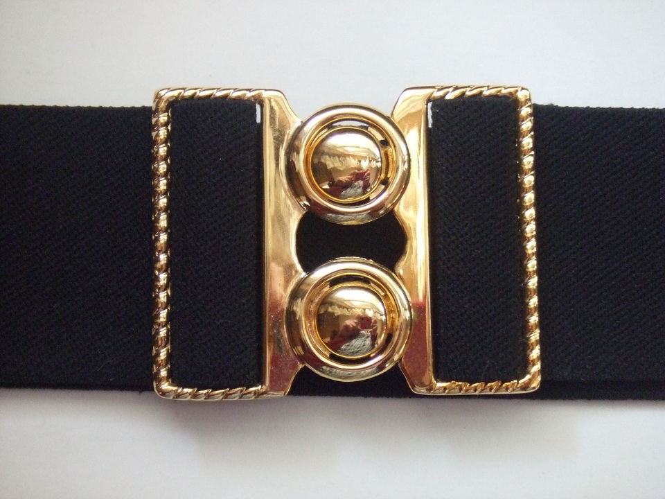 BLACK STRETCH CINCH BELT METAL SQUARE GOLD TRIM BELT 2 Wide 