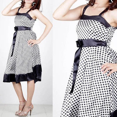   Korea Fashion Style polka dot Spaghetti Strap Dress E202 WHITE Size M