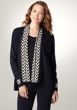 NEW MISOOK LARGE CARDIGAN NAVY/CARMEL PATTERN DRAPE FRONT COLLAR