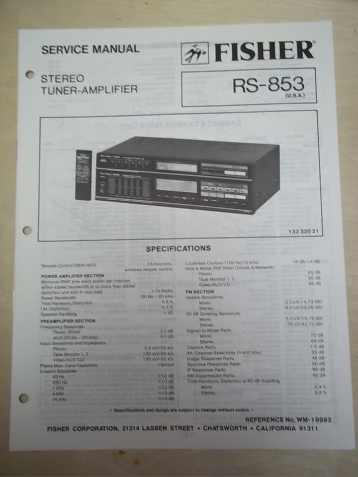 Fisher Service/Repair Manual~RS 853 Tuner Amplifie​r